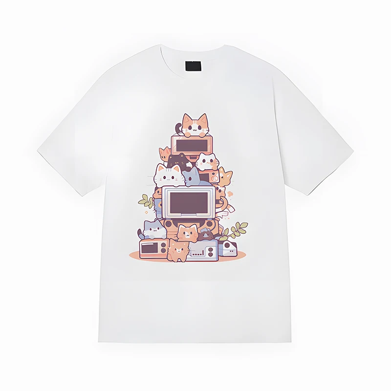 

Футболка в стиле хип-хоп с принтом милого кота и игровой консоли, модная повседневная футболка из чистого хлопка с мультяшным принтом для пар, Повседневная футболка