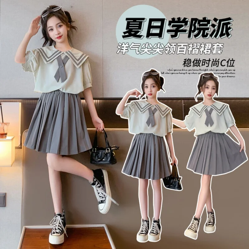 

Summer Girls Clothing Set Short sleeve + skirt 2 Pieces Korea JK Preppy Style Casual Suit 4-16 Years Children's Teenage Clothing