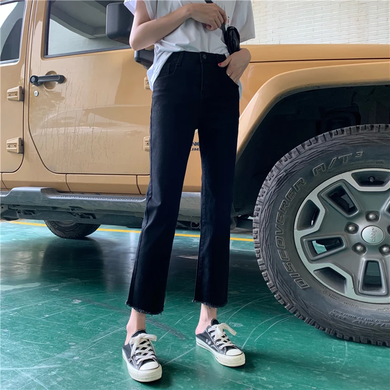 

DD2293 Spring new Korean style slim and tall black cropped trousers trendy straight high-waisted jeans