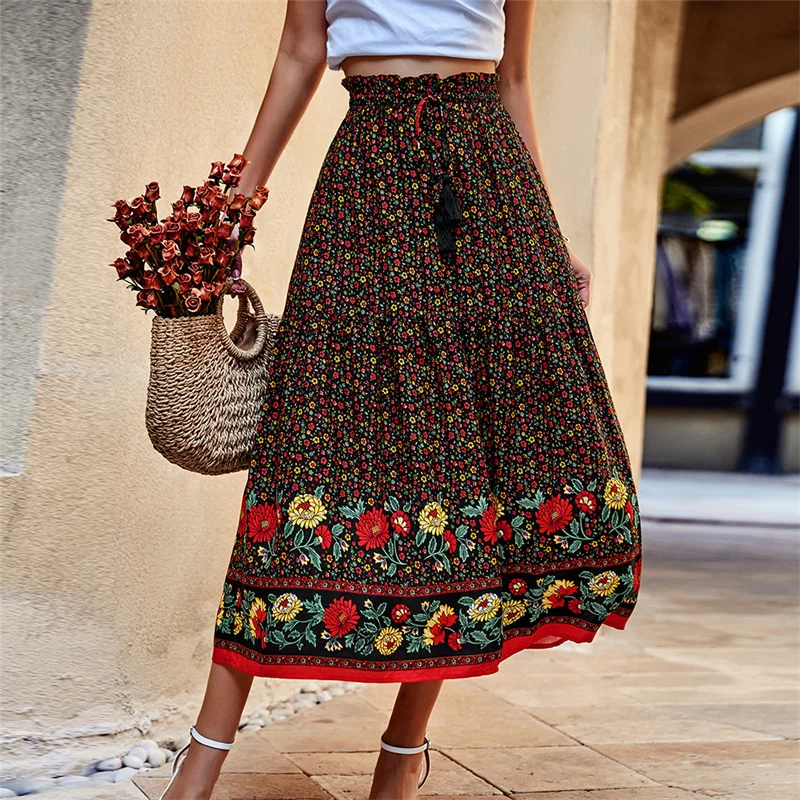 

hirigin Vintage Women Summer Bohemian Style Skirts 2022 High Waist Beachwear Casual Floral Print A-line Long Skirts with Tassels