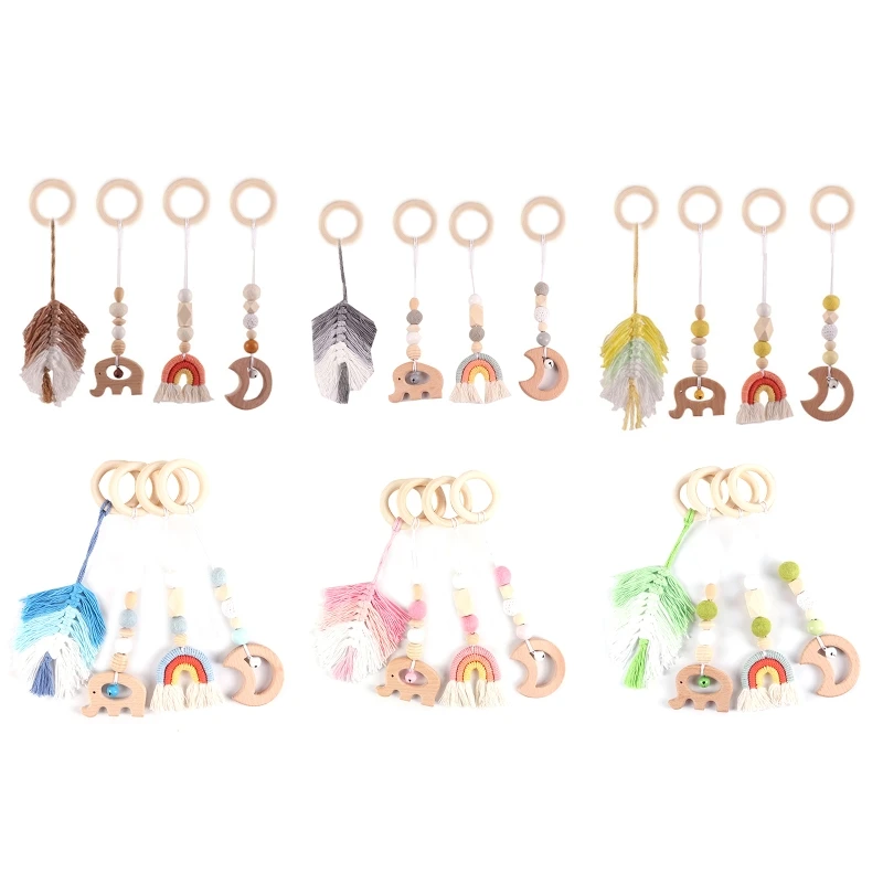 

H37A 4 pieces/set Wooden Rattle Teether Baby Toddler Gym Hanging Toy for Play & Learn