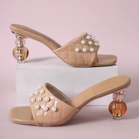 new high heels sandals women 2022 summer sexy square toe pearl decorate ladies slippers fashion gourd stiletto women slippers