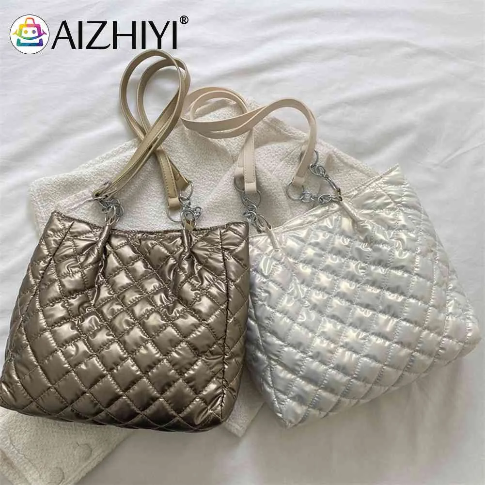 

Женская Стеганая сумка-шоппер на плечо, вместительный однотонный дорожный ранец на цепочке для школы и офиса, с хлопковой подкладкой, Осень-...