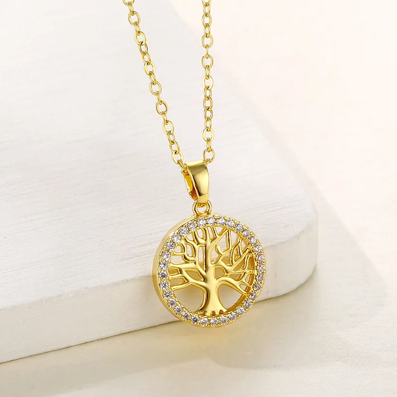 

Round Hollowed Out Tree of Life Pendant Necklace Women's Zircon Stainless Steel Geometric Clavicle Chain Fashion Originality