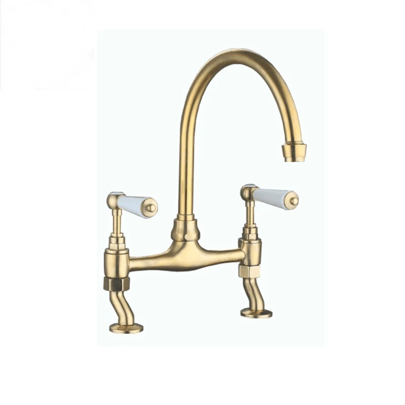 

High quality bridge double handle antique luxury brass gold kitchen faucet