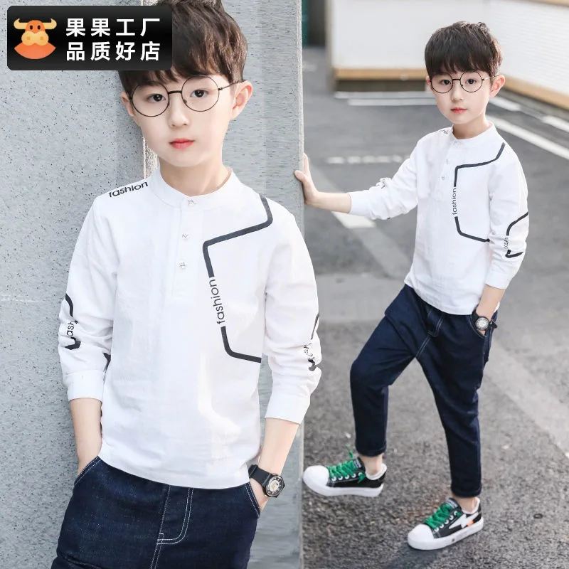 

Spring And Autumn Boys Long-Sleeved New Middle-Aged Children's Casual Tops Foreign Style Cotton And Linen Bottoming Shirts