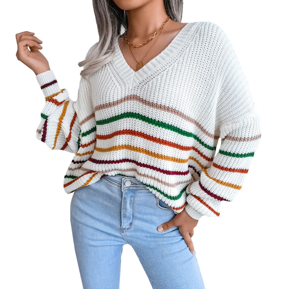 LAPA Women Tops Spring Autumn Long Sleeve Sweater Lady V-Neck Pullover Colorful Striped Office Commuting Clothing