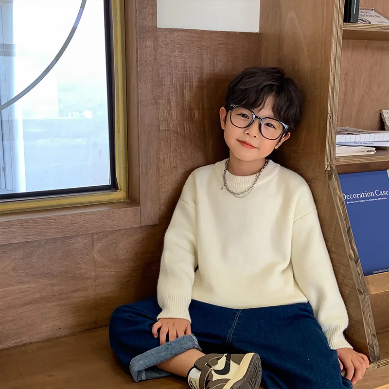 

Kids Thicken Warm Sweaters Winter Solid Color Flocking Bottoming Sweater Boys O-Neck Loose Knitwear