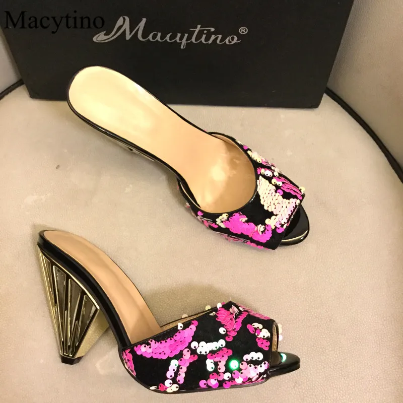 

Sequin Design Ladies Wedge Slippers Round Toe Wedge High Heel Slippers Fashion Party Wedge Slippers
