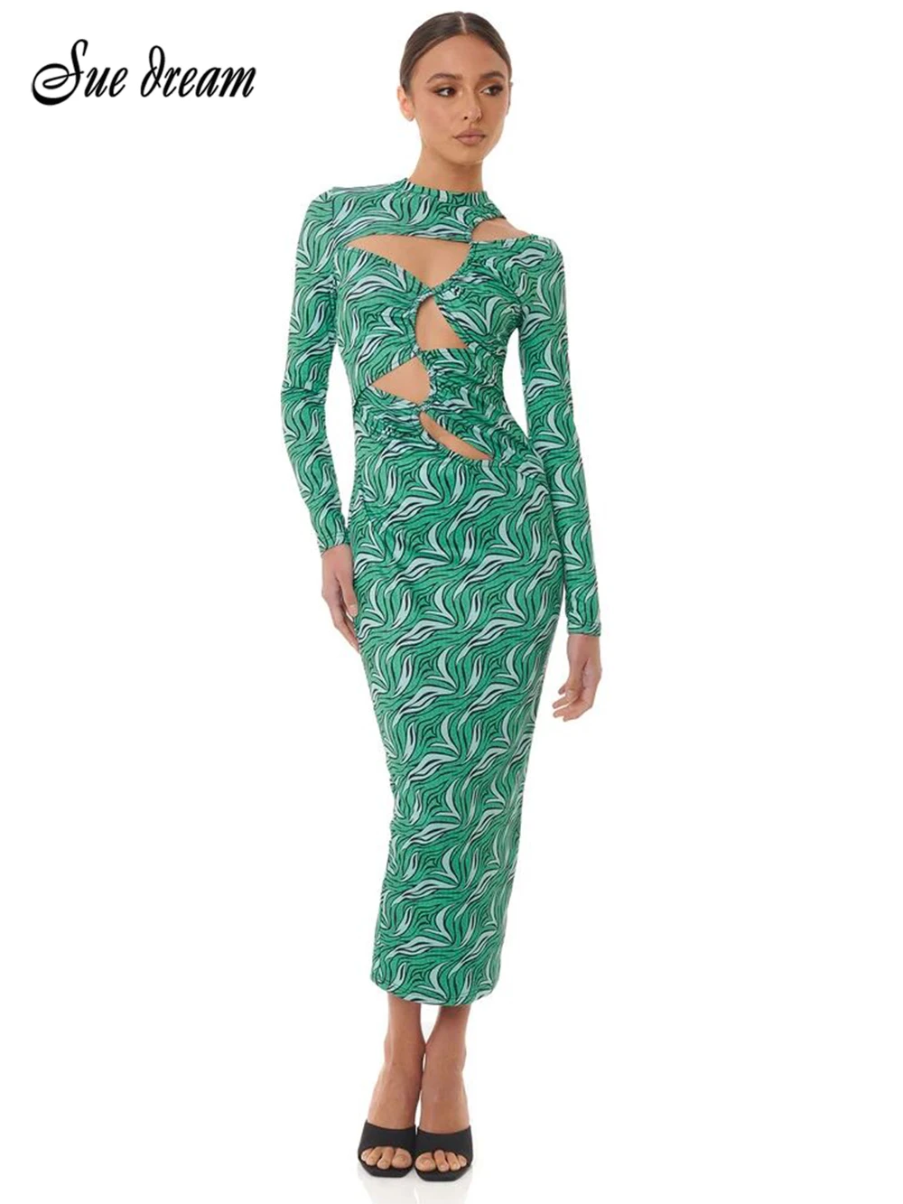 

Green Hollow Out Elegant Dresses For Women 2022 Summer New Print Design Full Sleeve Casual Party Midi Dress Female Clothing