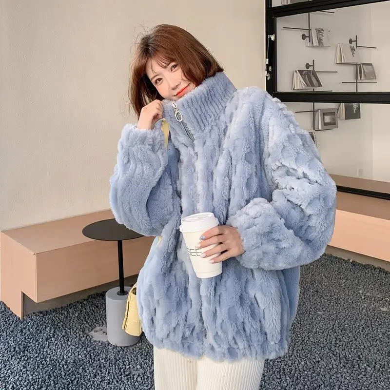 

Solid Winter Women White Genuine Fur Stand Collar Knitted Sweet Overcoats Long Sleeve Big Collar Fashionable Outerwear T160