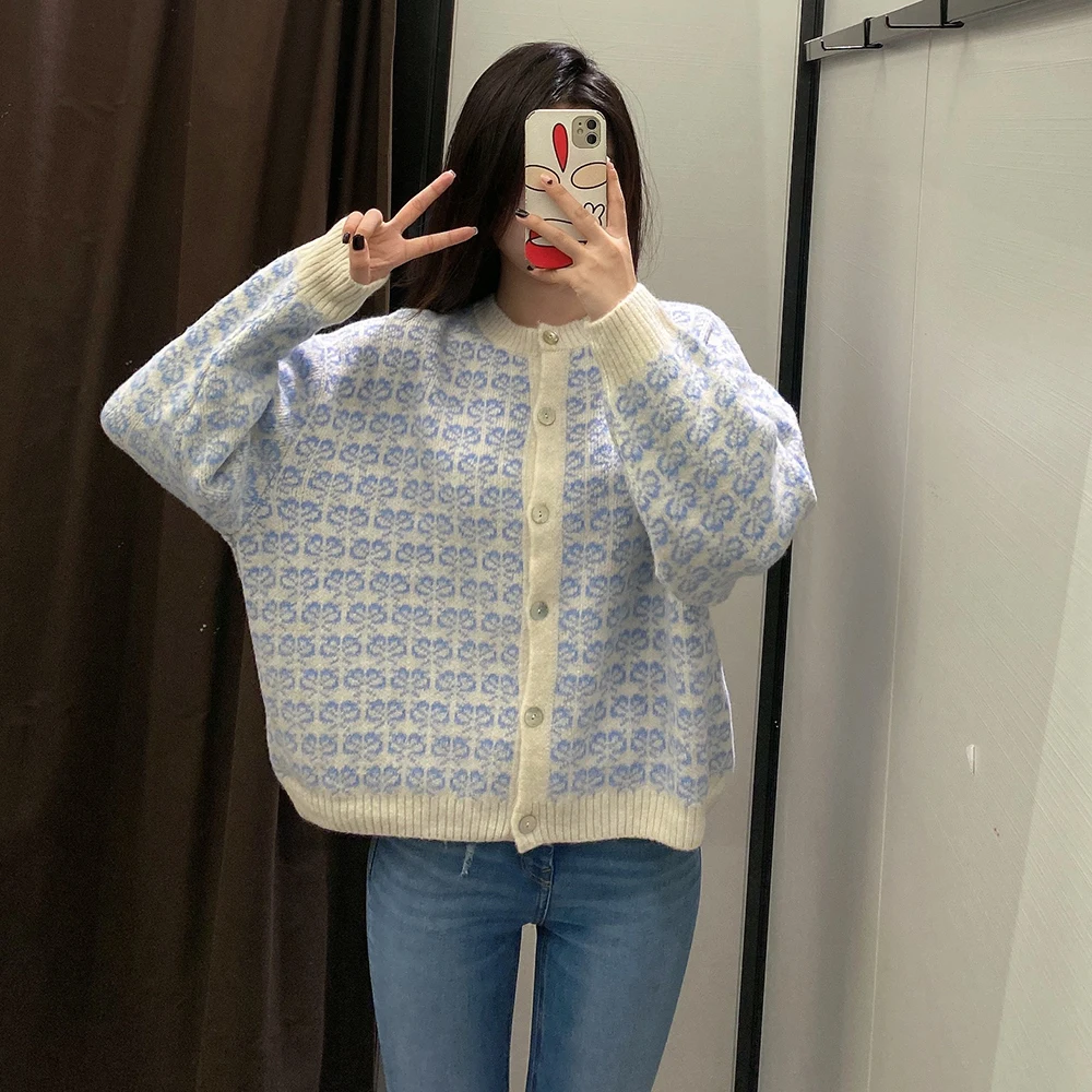 

PB&ZA Women Cardigans Knitted Sweater Coat Single Breasted Long Sleeve Top Korean Fashion Female Clothing Chic Knitwear 1822118
