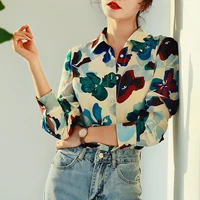 2022 spring summer autumn new high end silk lapel niche print shirt womens clothing ladies tops blouse women print
