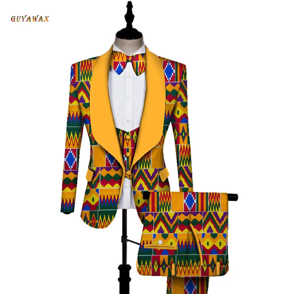 African Print Men sets Dashiki Top and Trouser & Vest Set Bazin Plus Size Traditional African Clothing Man Groomsmen Blazers