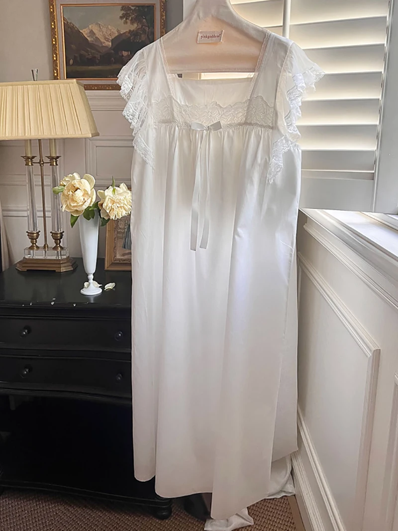 Women Cotton Lace Sleeveless Loose Fairy Princess Nightgowns French Sweet Girls Pajamas Summer Victorian Homewear Sleepwear