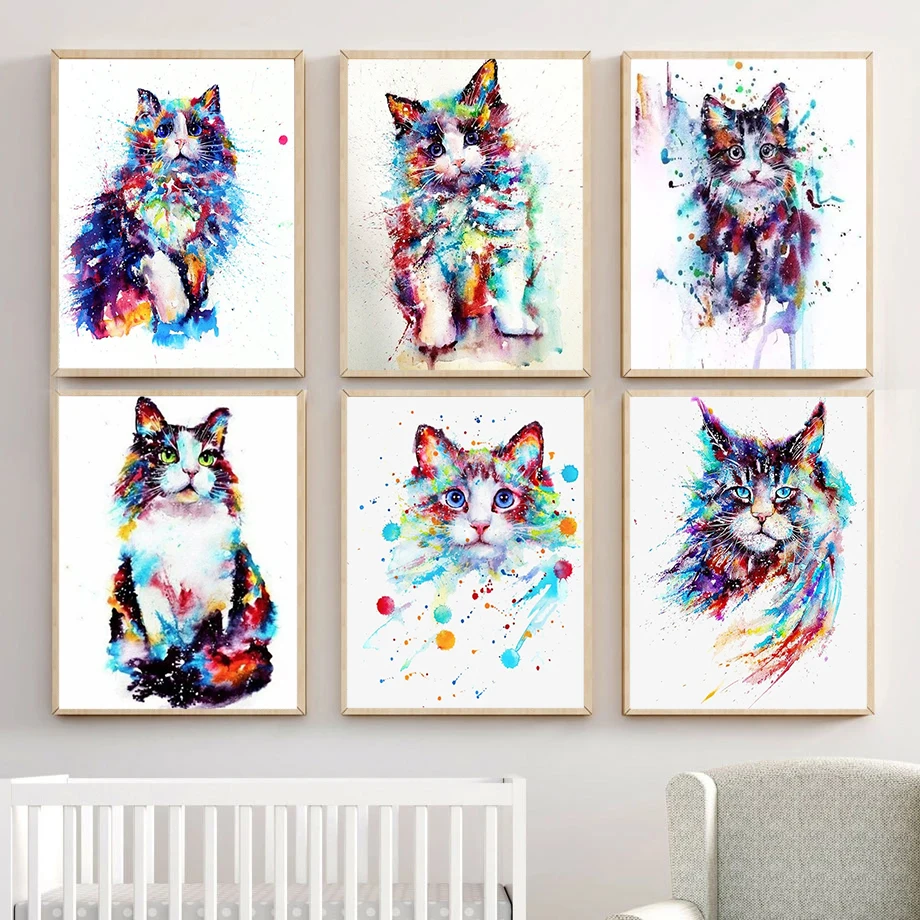 

Красочная Очаровательная мультяшная кошка, холст, рисунок, плакат, настенные художественные картины, художественное фото для гостиной, укр...