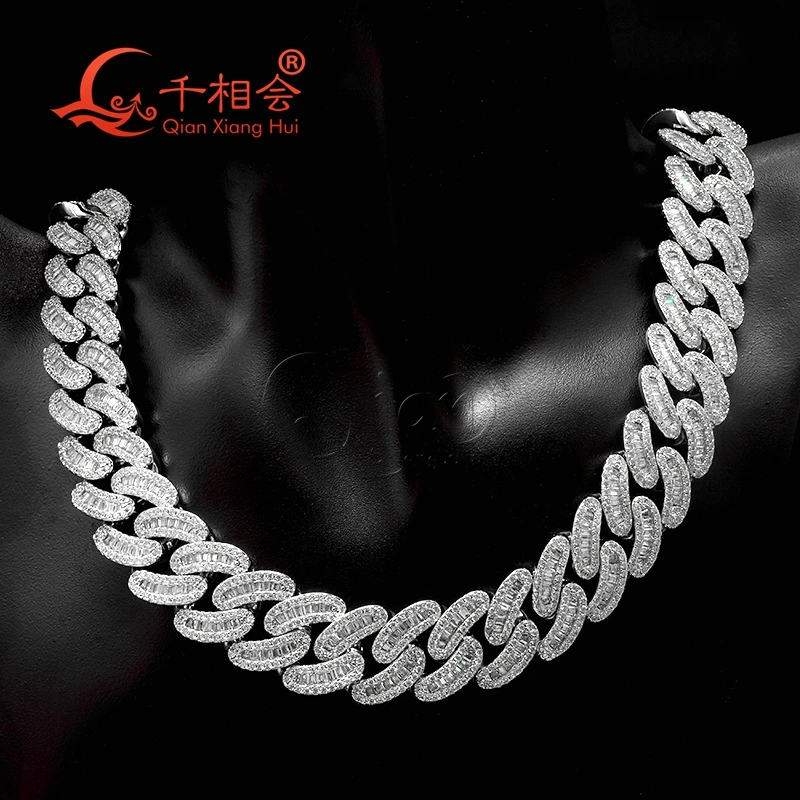 Necklace S925 silver 16mm baguette moon Cuban Link Iced Out Hip Hop white Moissanite Link Chain Jewelry for Women Men Gifts