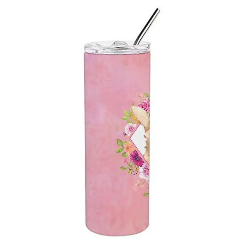 

。 Lovely Pink Chihuahua Stainless Steel 20 oz Skinny Tumbler with Multicolor Flowers, Perfect Gift for Any Occasion!