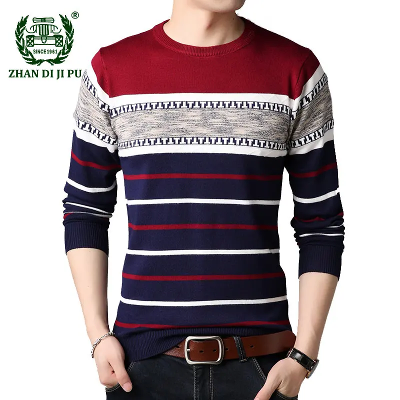 

Vintage Men's Pullover Sweater Winter Fashion Warm O-neck Slim Knit Sweater Striped Contrast Color Casual Soft Pullover for Men