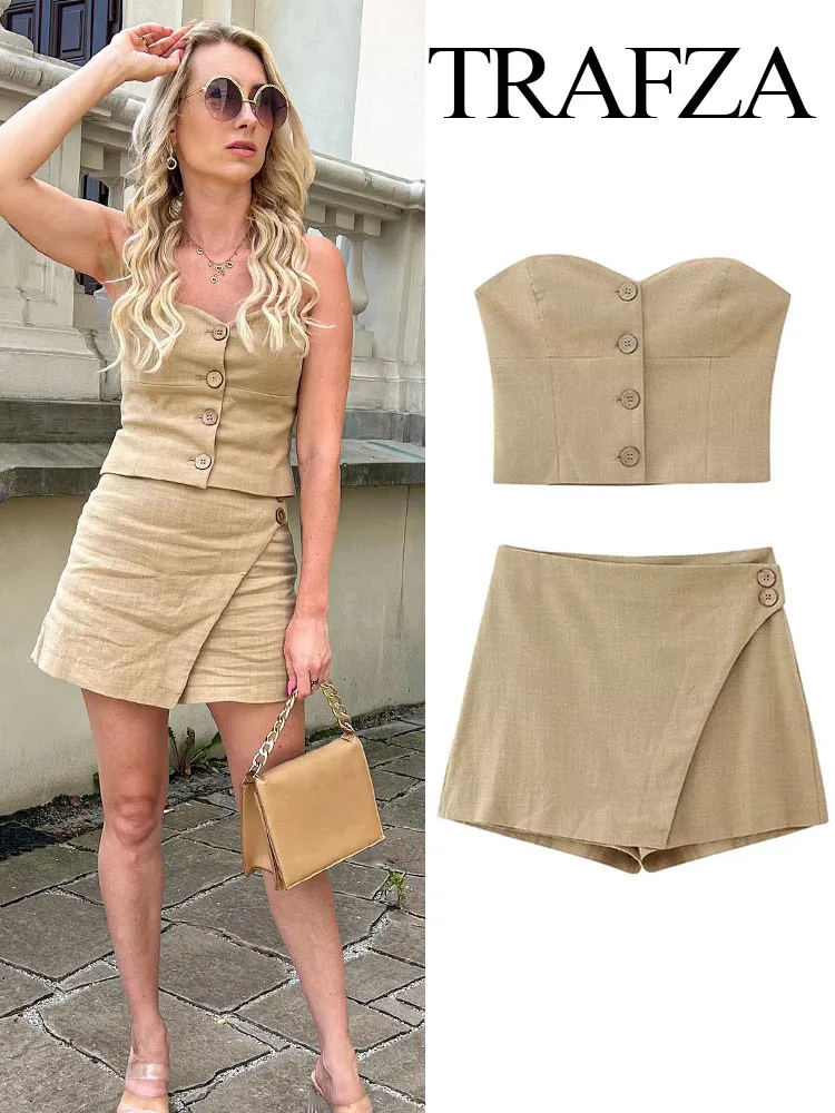 

TRAFZA Summer Women's Slim Sets Khaki Strapless Sleeveless Backless Single-Breasted Tops+High Waist Button Decorate Zipper Short