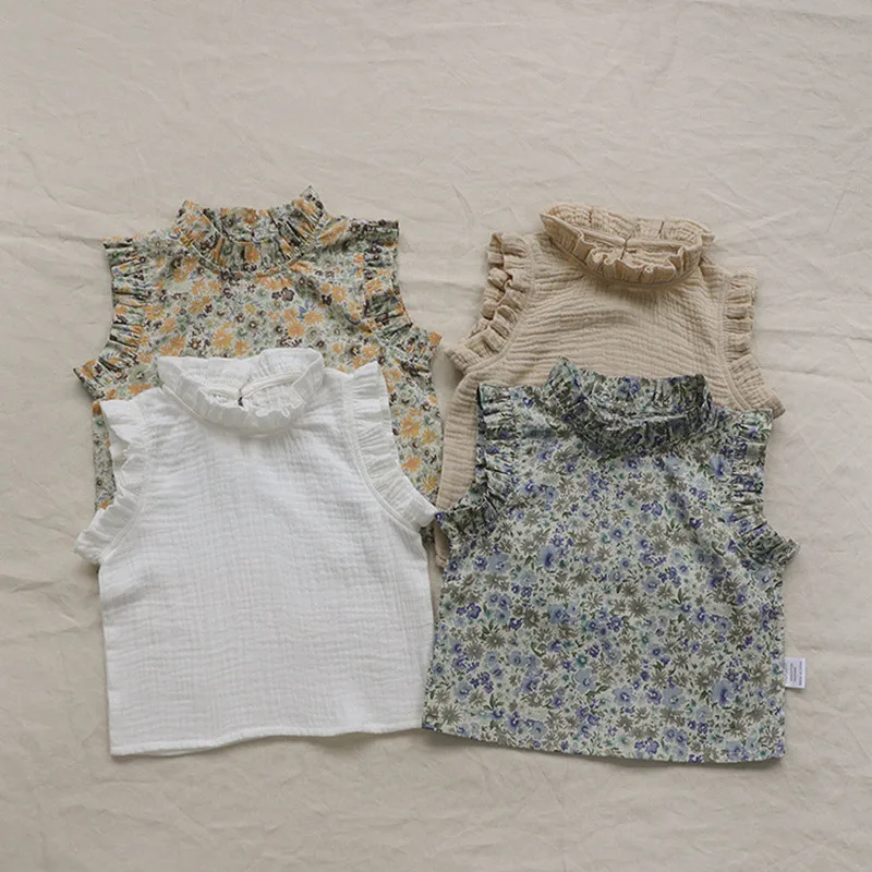 

Kids Tops Baby Summer Sleeveless Ruched Printed Korean Jonmi Toddlers 2022 Shirts Blouses Style Children Deer Vest Floral