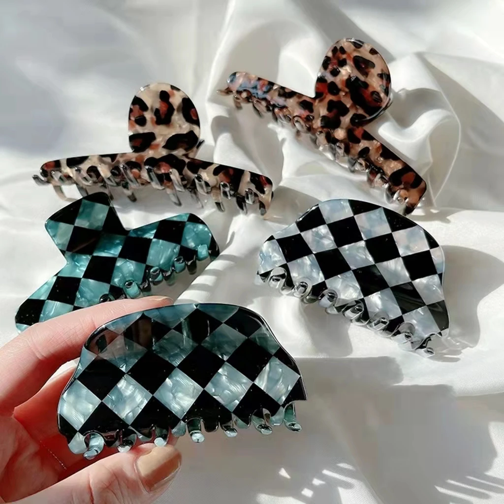 

New French Checkerboard Acetate Hair Clips Claws for Women Vintage Geometric Butterfly Headwear Hairpins Fashion Hair Accessory