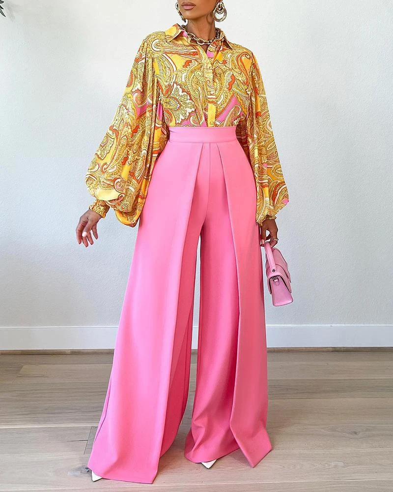 

High Waist Casual Loose Wide Leg Pants Women Chiffon Summer Fashion Solid Long Pleated Trousers