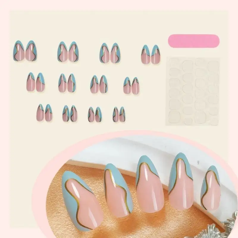 24 шт. средние миндальные накладные ногти глянцевая наклейка на 3D золото хром