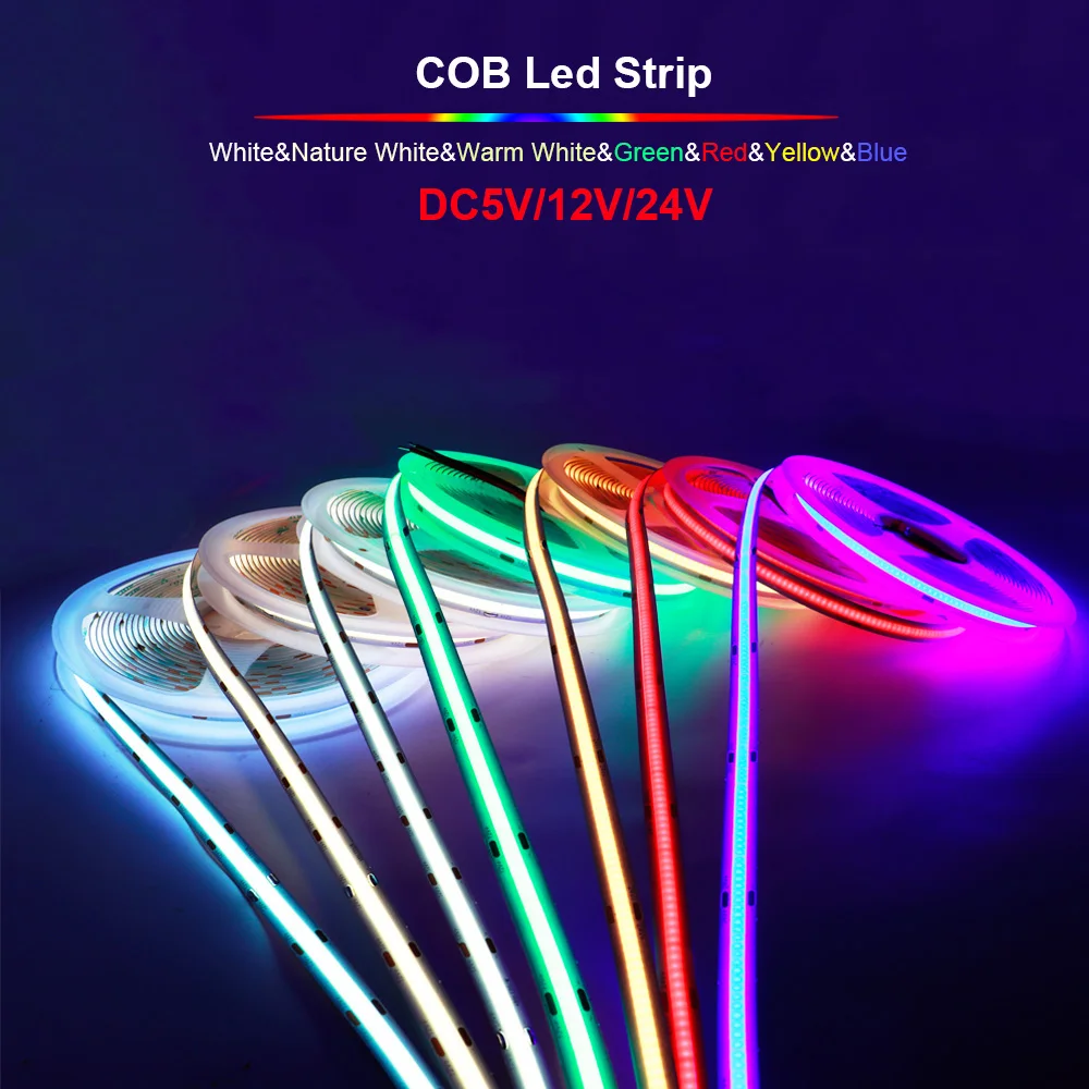 

DC5V 12V 24V COB LED Strip Light 320 480 LED High Density Flexible Led Tape Ribbon 8mm Width RA90 Ice Blue White Red Green Pink