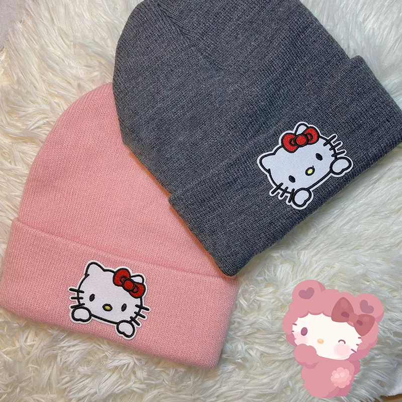 

Kawaii Sanrios Knitted Hat Cartoon Cute Hello Kittys Winter Thickened Animation Series Warm Frostproof Woolen Hat Gift for Girls