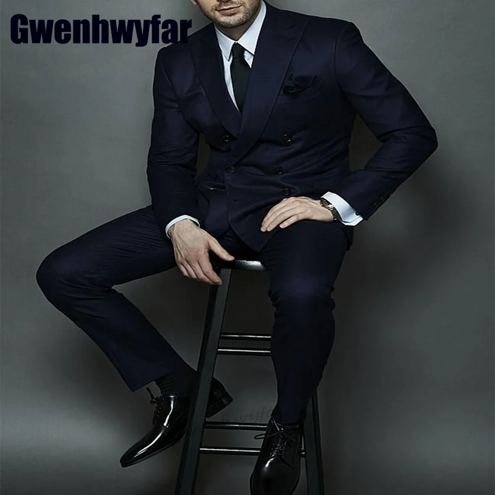 

Gwenhwyfar High Quality Double Breasted Navy Men Suit Bussiness 2 Pieces Blazer Sets Formal Meeting Men's Clothing Jacket Pants