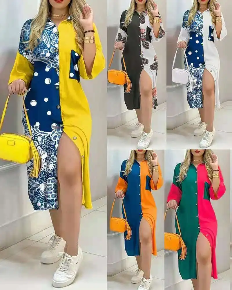 Women's 2023 New Printed Button Pocket Long Sleeve Shirt Dress Long Dress
