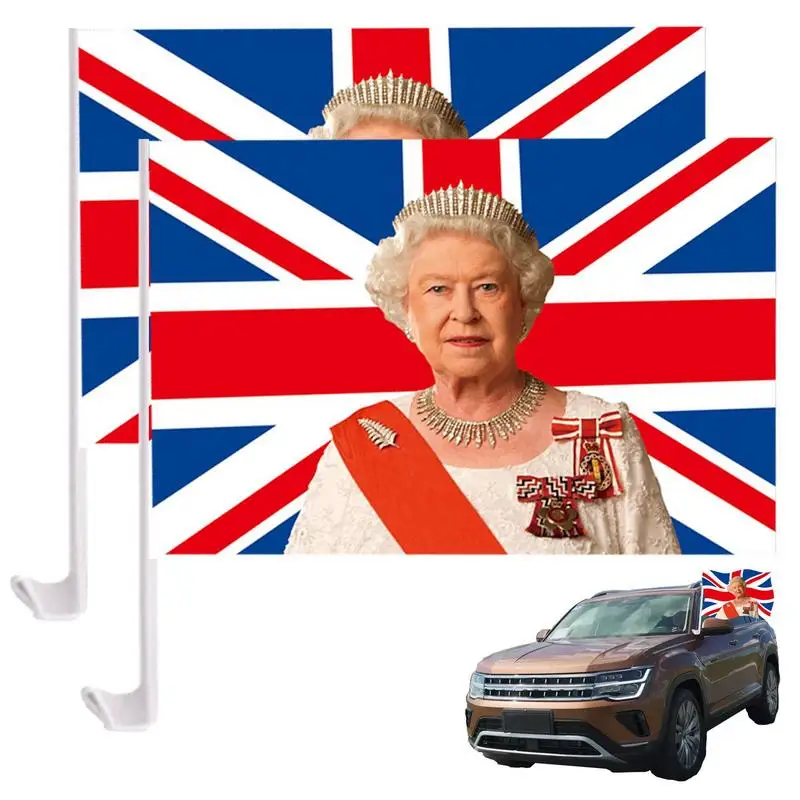 

Queen Elizabeth II Car Flags 2pcs Queen Of England National Flag Car Window Flag Queen Elizabeth Flag 70th Anniversary Car
