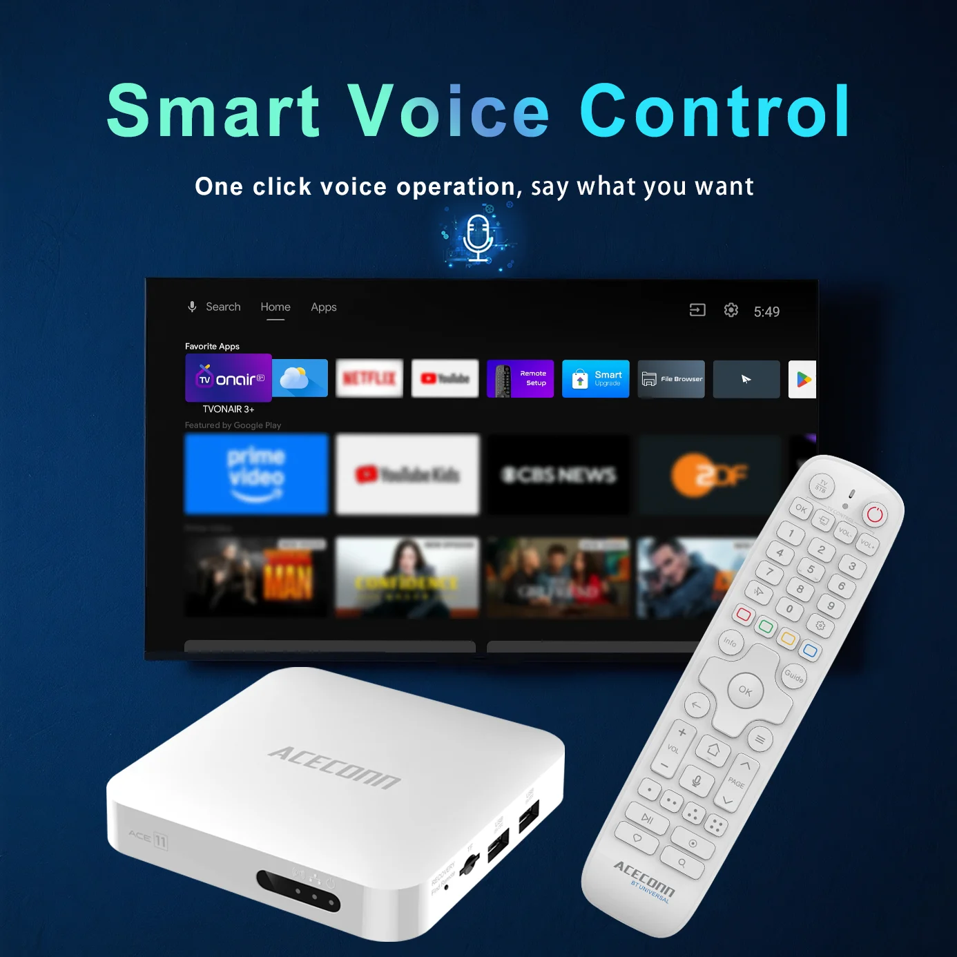 Фото ТВ-приставка ACECONN Streaming Android Linux IPTV 4K HDR10+ TVONAIR3+ с двойным Wi-Fi, функцией автоматического обучения, горячими клавишами, подсветкой и Bluetooth-пультом ACE11 №4