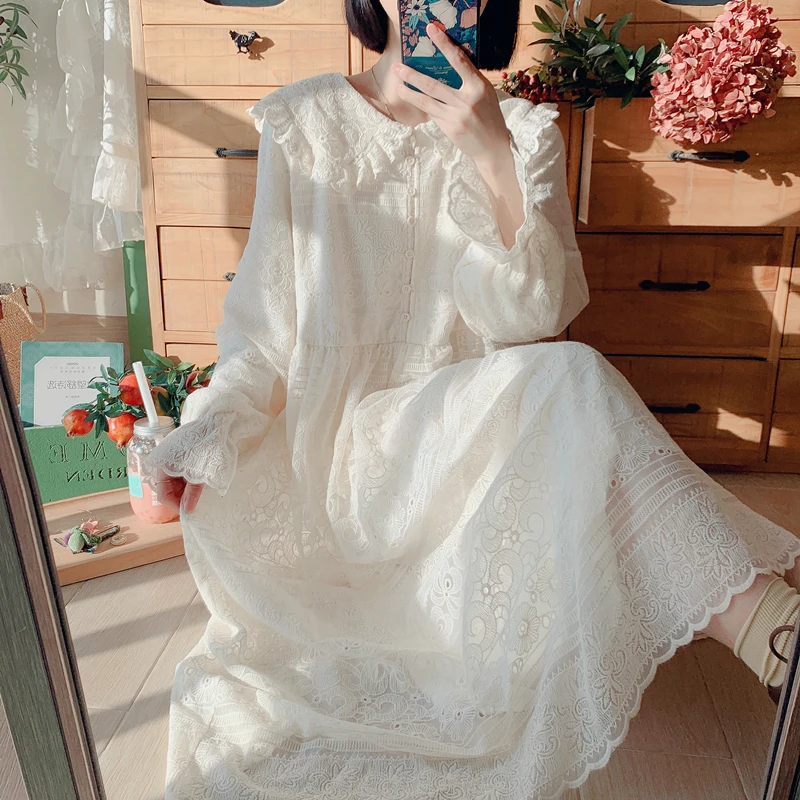 

New Women's Spring Dress Japanese Sen Female Doll Collar Plush Lace Sweet Mesh Long Bottom Dress