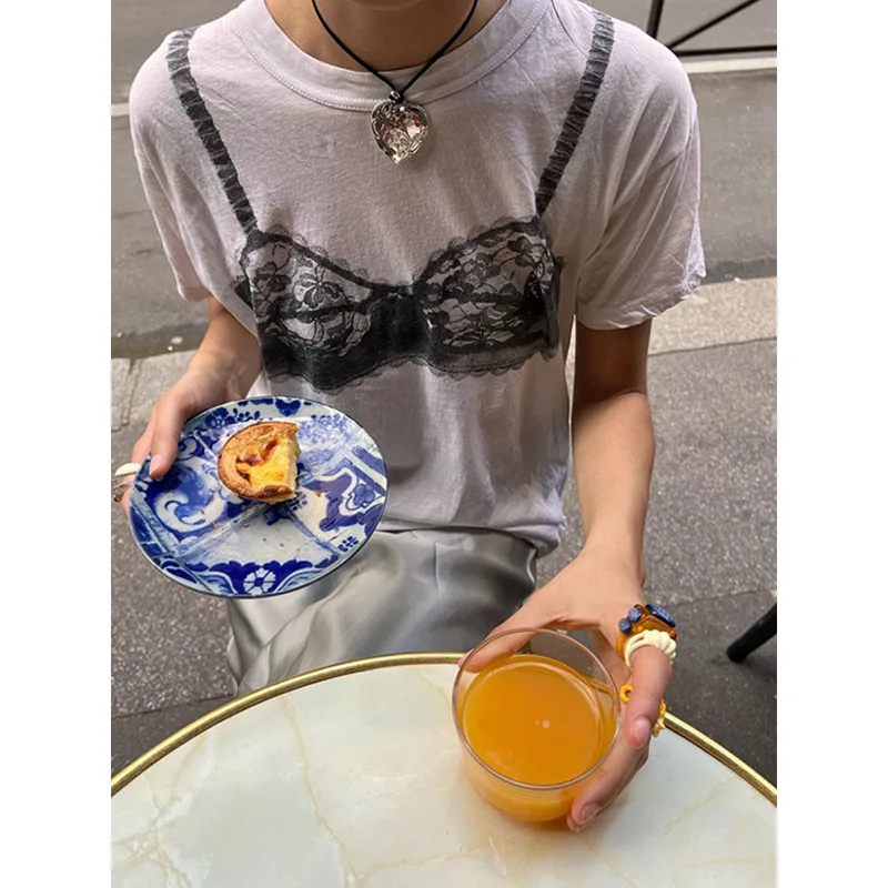 Летняя белая кружевная футболка в стиле VanessaLab с принтом свободный топ короткими