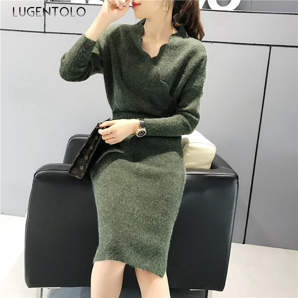 

Knitted Sweaters Women Solid Long Sleeve Elegant V-neck Female Casual Slim Autumn Winter Korean Pullover Sweater
