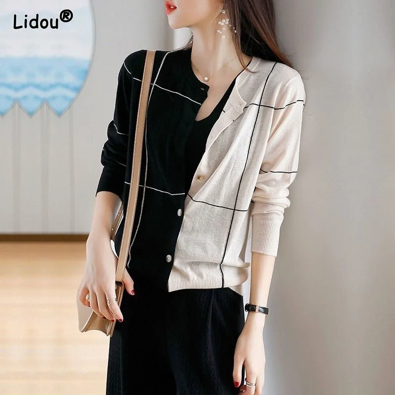 

Striped Patchwork Office Lady Contrasting Colors T-Shirts O-Neck Slight Strecth Spring Summer Blended Women's Clothing Leisure