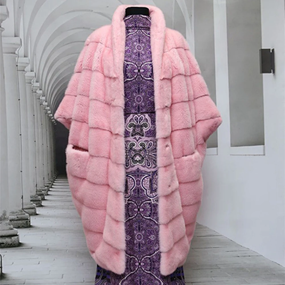 Winter Real Fur Coat Women Plus Size Pink Overcoat With Lapel Collar Genuine Leather Jacket Mink Fur Coat Lady Top-grade Outwear