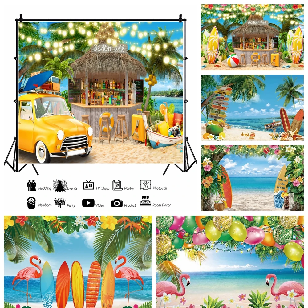 

Summer Beach Party Decor Backdrop Seaside Ocean Surfboard Hawaiian Themed Baby Shower Birthday Wedding Photo Studio Background