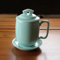 chinese longquan celadon tea cups with lids and saucers creative porcelain coffee mugs home office large tea mug drinkware