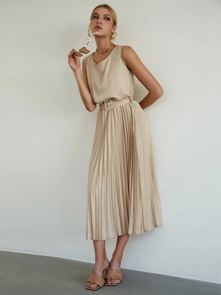 

2022 Summer New Elegant Fashion Solid Chiffon Khaki Long Sleeve Mid-skirt High Waist Slim Commuter Dress Dresses for Women