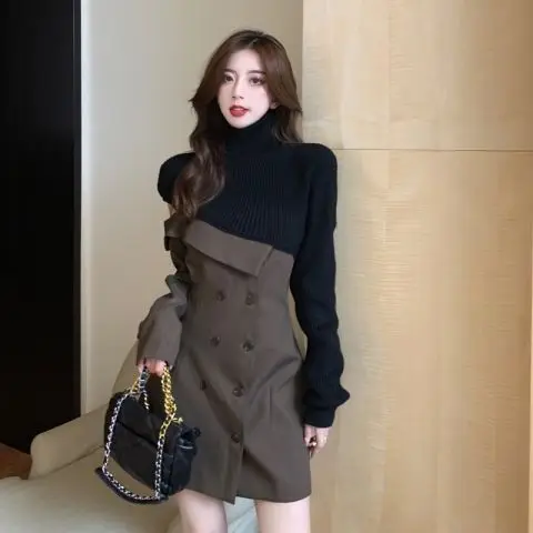 

ZCSMLL Autumn and winter 2021 autumn turtleneck sweater stitching contrast casual high-level sense of irregular suit dress