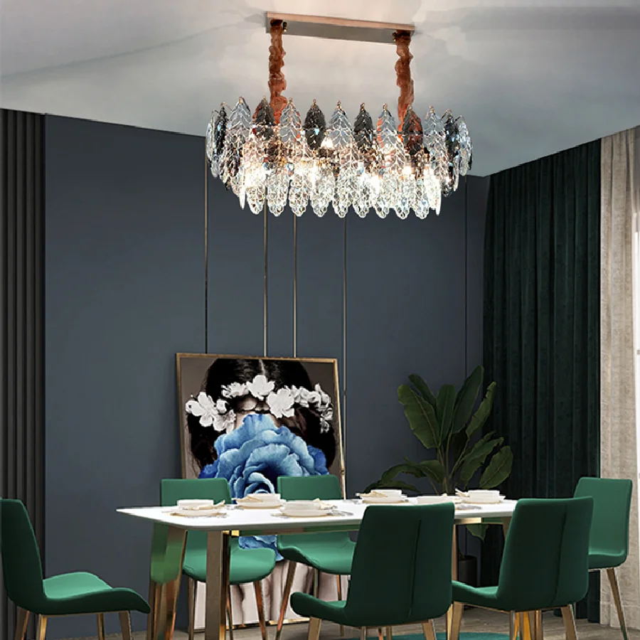 

Современный обеденный стол с кристаллами и листьями, роскошный светодиодный светильник Pandent для домашнего декора, золотистого и серебрисве...