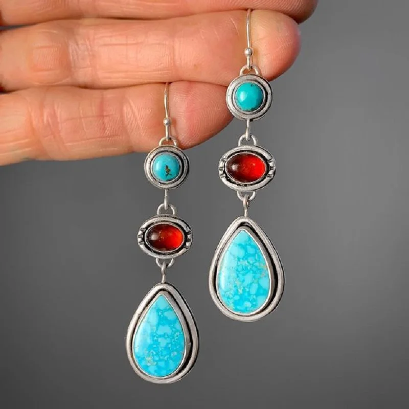 

Vintage Turquoise Water Drop Earrings For Women Boho Ethnic Hand-Inlay Oval Red Stone Eardrop Earring Jewelry Female Accessories