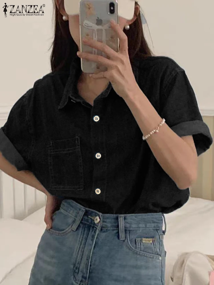 Женская модная туника на пуговицах ZANZEA Повседневная Свободная джинсовая рубашка