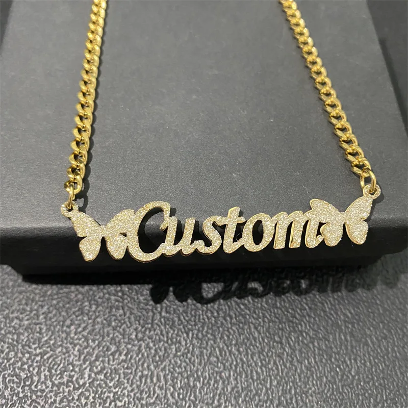 Simple Stainless Steel Customized Sticker Name Necklace for Women Personalized Heart Butterfly Choker Mother's Day
