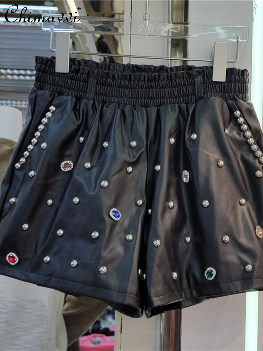 

Women's Fashion Streetwear Wide-Leg Pu Short Pants 2022 Autumn Ladies New Casual Colorful Crystals Rivet Elastic Waist Shorts
