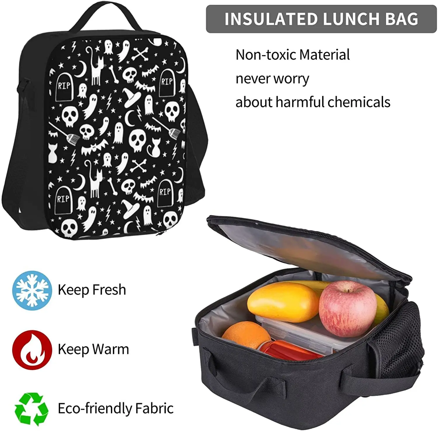 Spooky Halloween Black Backpack Set 3-Piece Teen Boys Girls Backpack Messenger Lunch Bag Pencil Case Set