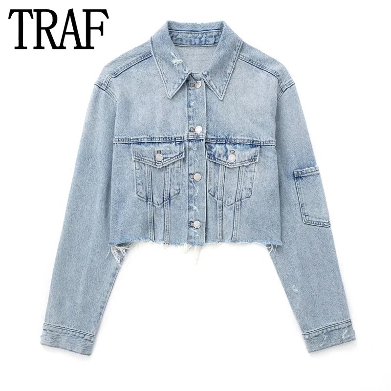 

TRAF 2023 Cropped Denim Jacket Woman Frayed Jean Jacket For Women Blue Long Sleeve Crop Top Streetwear Women's Spring Jackets